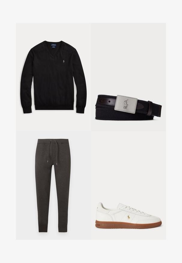 Pull noir à manches longues col en V avec un petit logo blanc brodé sur le côté gauche de la poitrine et des poignets et un ourlet côtelés.; Pantalon de survêtement gris foncé en matière douce, doté d'une ceinture élastique avec cordon de serrage, jambes fuselées et poignets à la cheville.; Baskets basses blanches avec semelle marron, lacets à l'avant, et petit logo doré Polo Ralph Lauren sur le côté.; Ceinture élastique bleu foncé avec une texture tissée, des accents en cuir marron et une boucle en métal rectangulaire arborant un logo de joueur de polo argenté.