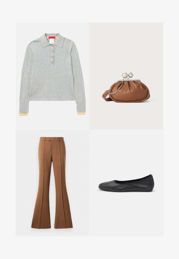 Polo à manches longues gris en tissu texturé, avec col à pointes, patte de boutonnage à quatre boutons et détail jaune sur les poignets.; Pantalons évasés marron en tissu lisse, avec une taille haute, des plis pressés et une poche avant pour un détail supplémentaire.; Ballerines en cuir noir avec un bout rond, texture lisse, détails de couture minimalistes et design de semelle flexible.; Pochette en cuir marron avec un fermoir à boule en argent et un petit détail en chaîne argentée sur fond blanc.