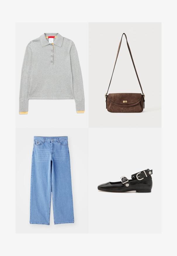 Polo à manches longues gris en tissu texturé, avec col à pointes, patte de boutonnage à quatre boutons et détail jaune sur les poignets.; Jean large bleu clair en denim, avec un design classique à cinq poches et une fermeture à bouton. Texture lisse, ourlet effiloché.; Ballerine en cuir verni noir avec un bout carré, sangle de cheville avec des détails en métal argenté et semelle plate. Texture lisse avec un design minimaliste.; Sac bandoulière en daim marron avec une longue sangle réglable et une fermeture à tour dorée sur le rabat avant.