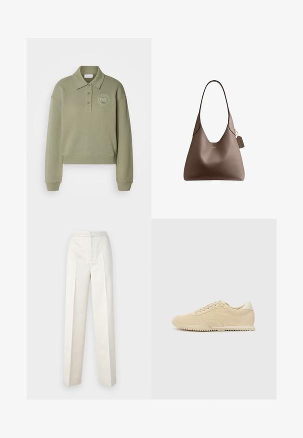 Polo sweatshirt court en vert olive avec des manches longues, deux boutons et un logo brodé rond sur la poitrine. Texture de tissu douce.; Pantalon couleur crème avec une coupe cintrée, présentant une jambe droite, un tissu lisse, des plis à l'avant et un ourlet propre. Design minimaliste.; Baskets en suede beige avec un design à lacets, dessus texturé, semelle en caoutchouc contrastante et un léger talon. Style minimaliste avec un branding subtil.; Sac à main Coach en cuir marron avec une bandoulière unique et une petite étiquette en cuir attachée, sur fond blanc.