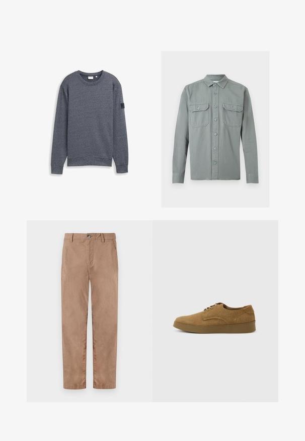 Grauer Langarm-Sweatshirt aus strukturiertem Stoff mit Rundhalsausschnitt und gerippten Bündchen. Verfügt über ein minimalistisches Design ohne Verzierungen.; Hellgraues Hemd mit langen Ärmeln, Knopfleiste, Kragen und zwei vorderen Taschen mit Knopflappen, flach auf weißem Hintergrund präsentiert.; TOM TAILOR REGULAR WASHED - Chino - caribou beige; Brauner Wildleder-Schnürschuh für den Alltag mit flacher Gummisohle, von der Seite auf hellem, einfachem Hintergrund gesehen.