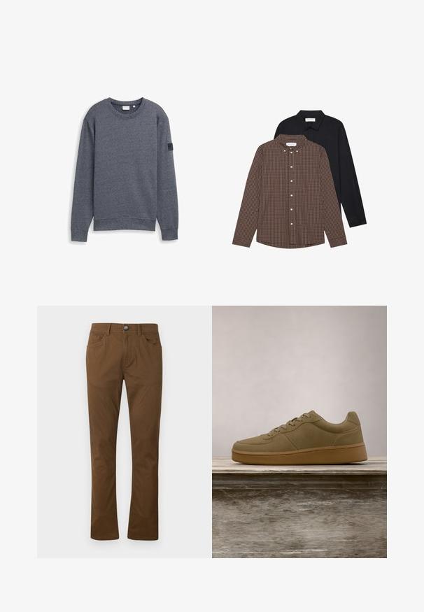 Grå langærmet sweatshirt lavet af tekstureret stof med rund hals og ribbede manchetter. Har et minimalistisk design uden udsmykninger.; To lange skjorter med lange ærmer: en brunternet med knapper og en sort ensfarvet. Begge har knap-ned kraver og manchetter.; Brune lige bukser med forknytte og lynlås, for- og baglommer samt bæltestropper.; Olivengrøn sneaker med snørebånd, der svæver over en træbænk, med sløret grønt løv i baggrunden.