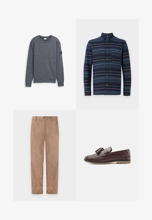 Sweatshirt gris à manches longues en tissu texturé, avec col rond et poignets côtelés. Présente un design minimaliste sans embellissements.; Chemise à manches longues avec un fond navy et des rayures horizontales bleues variées, un col et une poche sur la poitrine. Texture de tissu douce.; TOM TAILOR REGULAR WASHED - Chino - caribou beige; Mocassin pour homme en cuir marron avec détails tissés sur les côtés, pompons sur le dessus et semelle beige sur un fond uni.