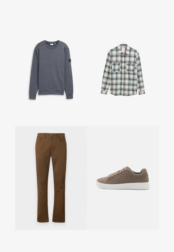 Grå langærmet sweatshirt lavet af tekstureret stof med rund hals og ribbede manchetter. Har et minimalistisk design uden udsmykninger.; Langærmet skjorte med knapper i grøn, hvid og rød plaidmønster, to knaplukket brystlommer foran og klassisk krave.; Brune lige bukser med forknytte og lynlås, for- og baglommer samt bæltestropper.; Brune ruskinds sneakers med flade hvide gummisåler, snørelukning, rund tå og en glat overflade. Minimalistisk stil med diskrete syninger.