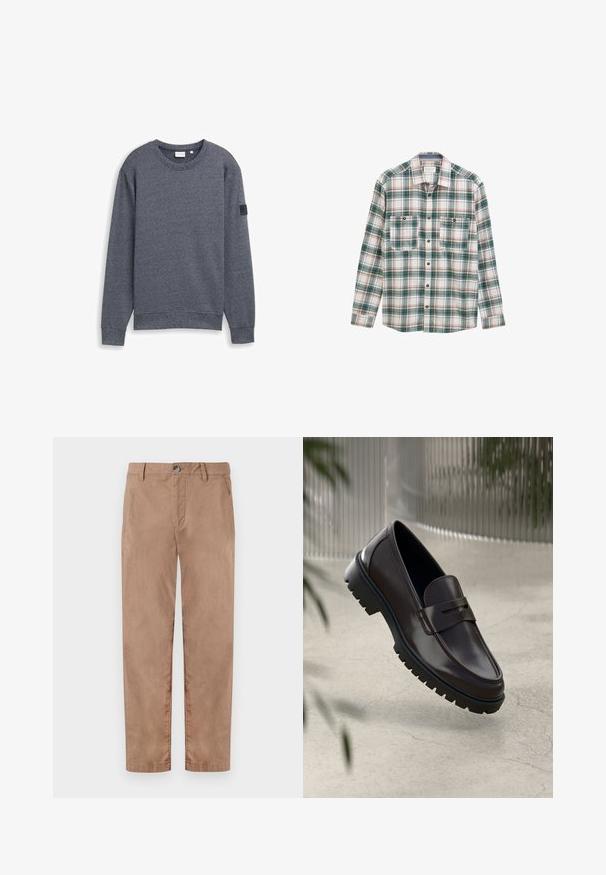 Grå langærmet sweatshirt lavet af tekstureret stof med rund hals og ribbede manchetter. Har et minimalistisk design uden udsmykninger.; Langærmet skjorte med knapper i grøn, hvid og rød plaidmønster, to knaplukket brystlommer foran og klassisk krave.; TOM TAILOR REGULAR WASHED - Chino - caribou beige; Brune læder loafers med en tekstureret, rippet gummisål. Har et slankt design og et dekorativt bånd over vristen.