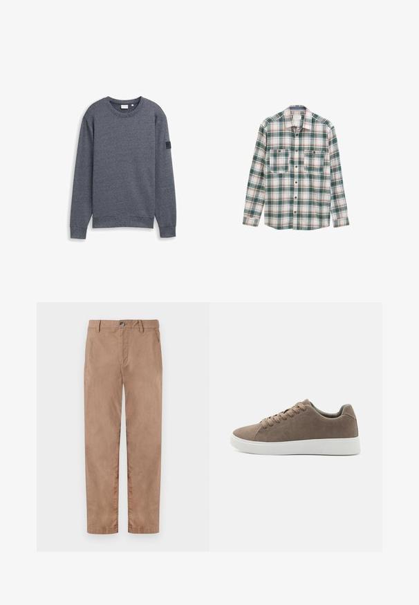 Grauer Langarm-Sweatshirt aus strukturiertem Stoff mit Rundhalsausschnitt und gerippten Bündchen. Verfügt über ein minimalistisches Design ohne Verzierungen.; Langärmliges Button-Up-Hemd mit grün-weiß-rotem Karomuster, zwei vorderen, knöpfbaren Brusttaschen und klassischem Kragen.; TOM TAILOR REGULAR WASHED - Chino - caribou beige; Braune Wildledersneaker mit flachen weißen Gummisohlen, Schnürdesign, abgerundete Zehen und einer glatten Textur. Minimalistischer Stil mit dezenten Nähdetails.