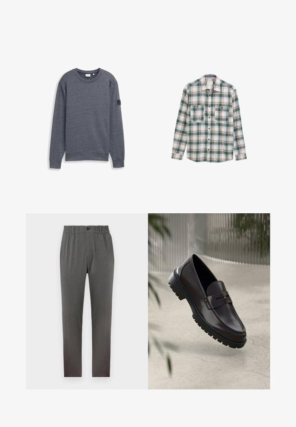 Grå langærmet sweatshirt lavet af tekstureret stof med rund hals og ribbede manchetter. Har et minimalistisk design uden udsmykninger.; Langærmet skjorte med knapper i grøn, hvid og rød plaidmønster, to knaplukket brystlommer foran og klassisk krave.; Grå bukser med en skræddersyet design, der har elastisk talje, knaplukning og lige ben; lavet af blødt, struktureret stof.; Brune læder loafers med en tekstureret, rippet gummisål. Har et slankt design og et dekorativt bånd over vristen.