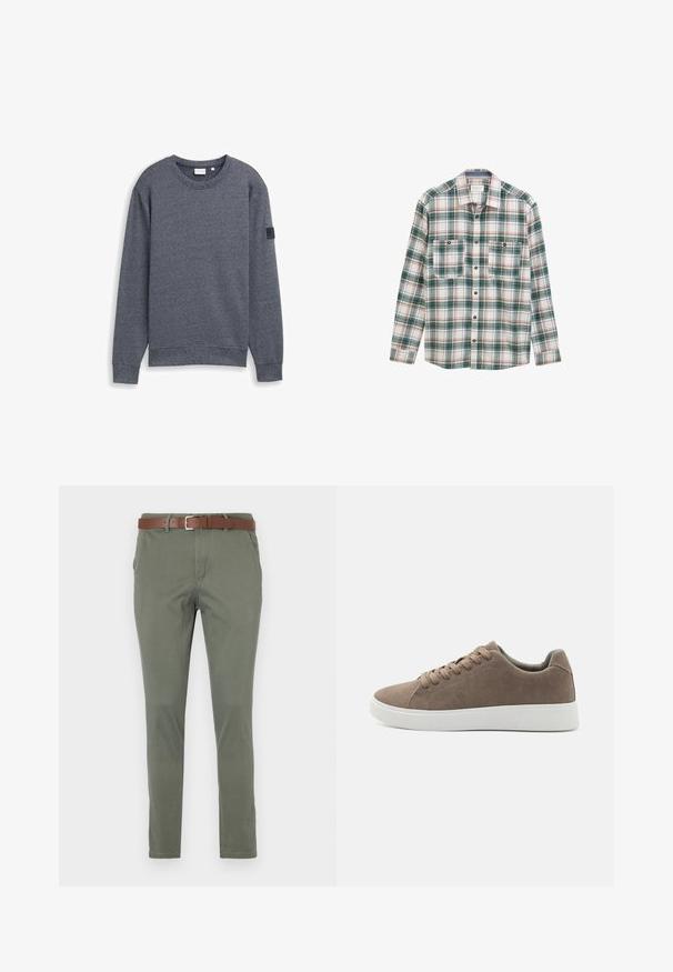 Grå langærmet sweatshirt lavet af tekstureret stof med rund hals og ribbede manchetter. Har et minimalistisk design uden udsmykninger.; Langærmet skjorte med knapper i grøn, hvid og rød plaidmønster, to knaplukket brystlommer foran og klassisk krave.; Olivengrønne chinos med lige snit, prydet med et brunt læderbælte, sidelommer og et subtilt struktureret stof.; Brune ruskinds sneakers med flade hvide gummisåler, snørelukning, rund tå og en glat overflade. Minimalistisk stil med diskrete syninger.