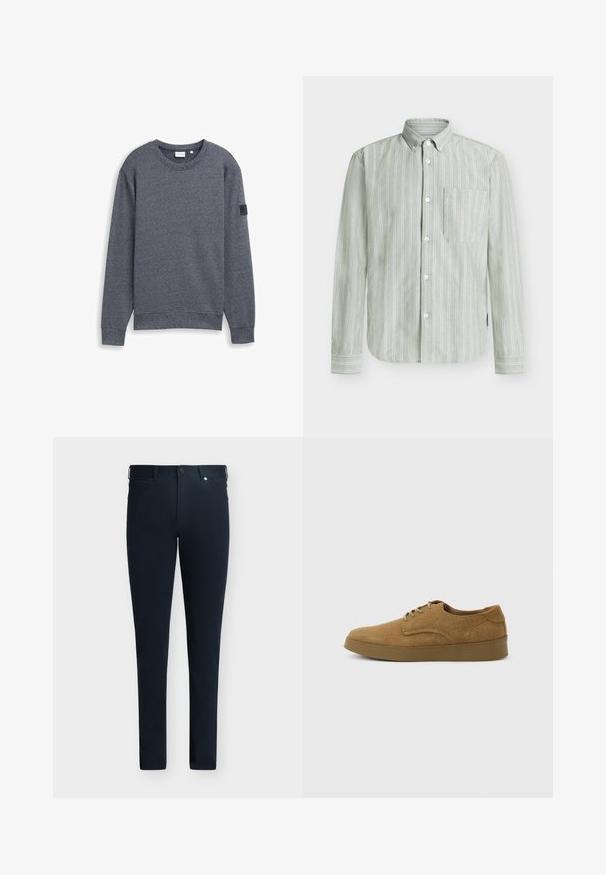 Grauer Langarm-Sweatshirt aus strukturiertem Stoff mit Rundhalsausschnitt und gerippten Bündchen. Verfügt über ein minimalistisches Design ohne Verzierungen.; Gestreiftes, grünes Hemd aus leichtem Stoff mit einer Brusttasche und weißen vertikalen Streifen sowie Manschetten mit Knöpfen.; Schmal geschnittene Dunkelblaue Hose mit Gürtelschlaufen, vorderem Knopf- und Reißverschluss sowie Taschen vor einfarbigem Hintergrund.; Brauner Wildleder-Schnürschuh für den Alltag mit flacher Gummisohle, von der Seite auf hellem, einfachem Hintergrund gesehen.
