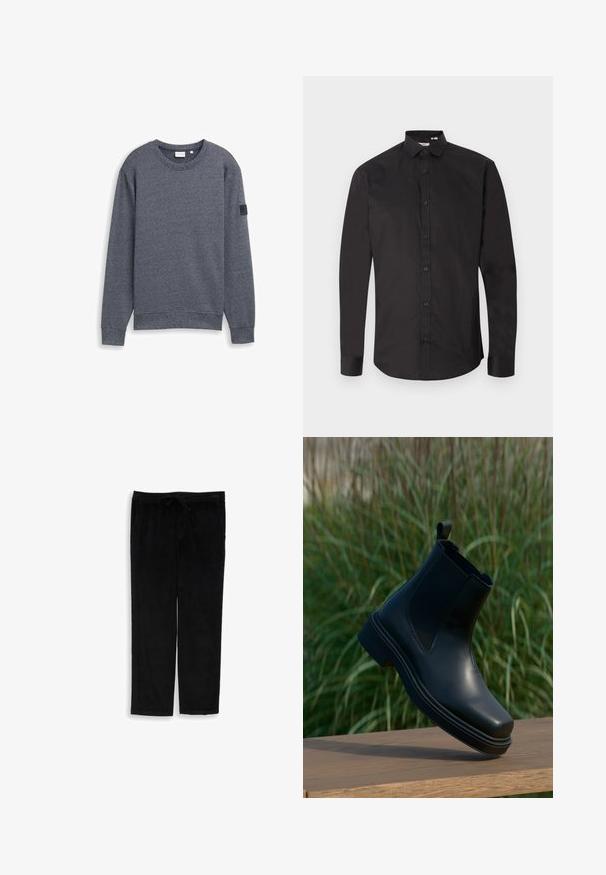 Grauer Langarm-Sweatshirt aus strukturiertem Stoff mit Rundhalsausschnitt und gerippten Bündchen. Verfügt über ein minimalistisches Design ohne Verzierungen.; Schwarzes Langarmhemd aus glattem Baumwollstoff, mit einer Knopfleiste vorne, klassischem Kragen und abgerundetem Saum. Schlichtes Design, ohne Muster.; Schwarze Cordhosen mit elastischem Bund und Kordelzug, gerader Schnitt, auf einem weißen Hintergrund präsentiert.; Schwarze Leder-Chelsea-Boots mit elastischen Seiten, runder Spitze, niedrigem Absatz und einer Lasche auf der Rückseite, vor einem verschwommenen grünen Hintergrund.