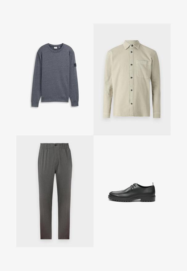 Grå langærmet sweatshirt lavet af tekstureret stof med rund hals og ribbede manchetter. Har et minimalistisk design uden udsmykninger.; Langærmet skjorte i lyse beige stof. Har en spids krave, en brystlomme og sorte knapper. Enkel, struktureret design.; Grå bukser med en skræddersyet design, der har elastisk talje, knaplukning og lige ben; lavet af blødt, struktureret stof.; Sorte lædersko med en glat overflade, rund tå og dekorativ stikning. Har en gummisål med skridsikre spor og snørebåndsdesign.