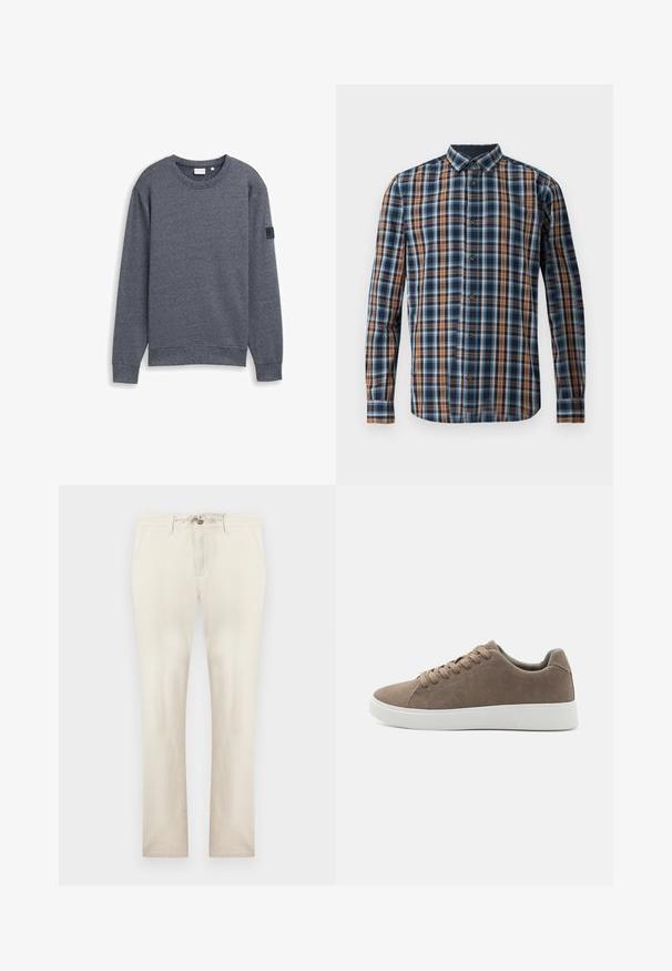 Grå langærmet sweatshirt lavet af tekstureret stof med rund hals og ribbede manchetter. Har et minimalistisk design uden udsmykninger.; TOM TAILOR CHECKED - Skjorter - navy blue; Beige afslappede bukser med forlommer, lynlås og snøre i taljen, lige ben pasform, vist på en ensfarvet baggrund.; Brune ruskinds sneakers med flade hvide gummisåler, snørelukning, rund tå og en glat overflade. Minimalistisk stil med diskrete syninger.