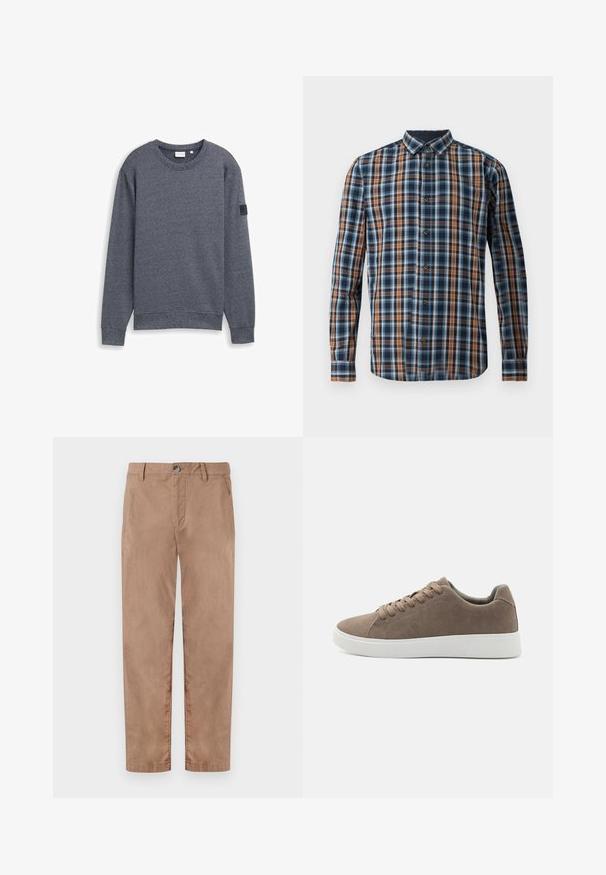 Grå langærmet sweatshirt lavet af tekstureret stof med rund hals og ribbede manchetter. Har et minimalistisk design uden udsmykninger.; TOM TAILOR CHECKED - Skjorter - navy blue; TOM TAILOR REGULAR WASHED - Chino - caribou beige; Brune ruskinds sneakers med flade hvide gummisåler, snørelukning, rund tå og en glat overflade. Minimalistisk stil med diskrete syninger.