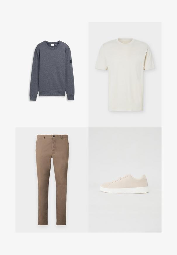 Grauer Langarm-Sweatshirt aus strukturiertem Stoff mit Rundhalsausschnitt und gerippten Bündchen. Verfügt über ein minimalistisches Design ohne Verzierungen.; Schlichtes, cremefarbenes T-Shirt mit kurzen Ärmeln und Rundhalsausschnitt, mit dezentem Logo auf der linken Brust, auf weißem Hintergrund liegend präsentiert.; Braune, schlanke Herrenhose mit Knopf- und Reißverschluss vorne, Gürtelschlaufen und Seitentaschen, flach auf weißem Hintergrund präsentiert.; Beige Wildlederschuhe mit weißen Gummisohlen, runder Zehenform und sechs Ösen für die Schnürsenkel. Glatte Textur mit minimalistischem Design.