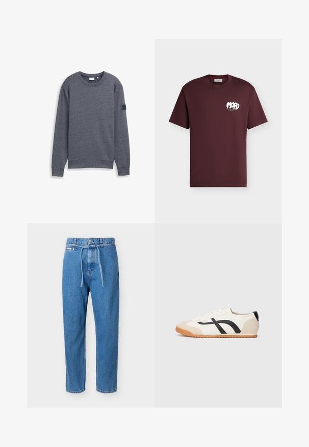 Grauer Langarm-Sweatshirt aus strukturiertem Stoff mit Rundhalsausschnitt und gerippten Bündchen. Verfügt über ein minimalistisches Design ohne Verzierungen.; Dunkelbordeauxfarbenes T-Shirt mit kurzen Ärmeln und Rundhalsausschnitt, mit einer kleinen weißen Grafik und Text auf der linken Brust mit dem Schriftzug "Marco Polo Denim."; Blaue Jeans aus Denim mit geradem Bein, hoher Taille, vorderer Knopfleiste, Reißverschluss und einem dünnen Denim-Gürtel, der in der Taille gebunden ist.; Niedriger weißer Sneaker mit beigen Akzenten an Zehen und Ferse, schwarzen gebogenen Seitenstreifen, weißen Schnürsenkeln und einer Gummisohle, aus der linken Seitenansicht.