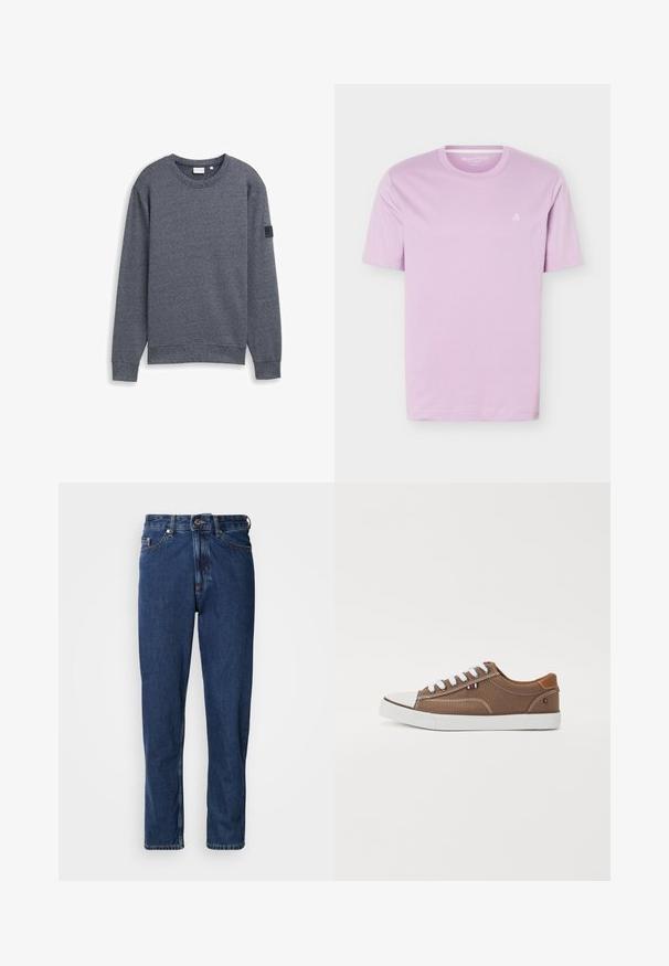 Grå langærmet sweatshirt lavet af tekstureret stof med rund hals og ribbede manchetter. Har et minimalistisk design uden udsmykninger.; Lyse lilla T-shirt med korte ærmer og rund halsudskæring, med lille hvidt "M OP"-logo på venstre bryst, vist på en hvid baggrund.; Mørkeblå jeans lavet af denim, med lige ben, fem-lommer stil og synlige syninger langs sømmene.; Brune kanvas sneakers med hvide snørebånd, gummitåspids og kontrasterende tan-detaljer på hælen, med et lille tricolor-emblem.