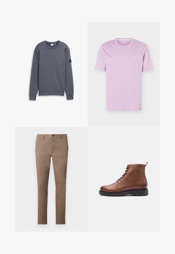 Grauer Langarm-Sweatshirt aus strukturiertem Stoff mit Rundhalsausschnitt und gerippten Bündchen. Verfügt über ein minimalistisches Design ohne Verzierungen.; Hellviolettes T-Shirt mit kurzen Ärmeln und Rundhalsausschnitt, mit kleinem weißem "M OP"-Logo auf der linken Brust, auf weißem Hintergrund dargestellt.; Braune, schlanke Herrenhose mit Knopf- und Reißverschluss vorne, Gürtelschlaufen und Seitentaschen, flach auf weißem Hintergrund präsentiert.; Braune Lederstiefeletten mit einer runden Zehenpartie, Schnürung vorne und schwarzer Gummisohle. Mit einer Schlaufe an der Rückseite für einfaches Anziehen.