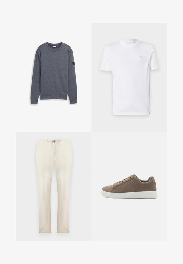 Grauer Langarm-Sweatshirt aus strukturiertem Stoff mit Rundhalsausschnitt und gerippten Bündchen. Verfügt über ein minimalistisches Design ohne Verzierungen.; Weißes Baumwoll-T-Shirt mit rundem Halsausschnitt und kurzen Ärmeln, mit einem hellblauen Logo auf der linken Brust. Glatte Textur, schlichtes Design.; Beige Freizeithose mit Vordertaschen, Reißverschluss und Kordelzug in der Taille, gerader Beinpassform, vor einfachem Hintergrund dargestellt.; Braune Wildledersneaker mit flachen weißen Gummisohlen, Schnürdesign, abgerundete Zehen und einer glatten Textur. Minimalistischer Stil mit dezenten Nähdetails.
