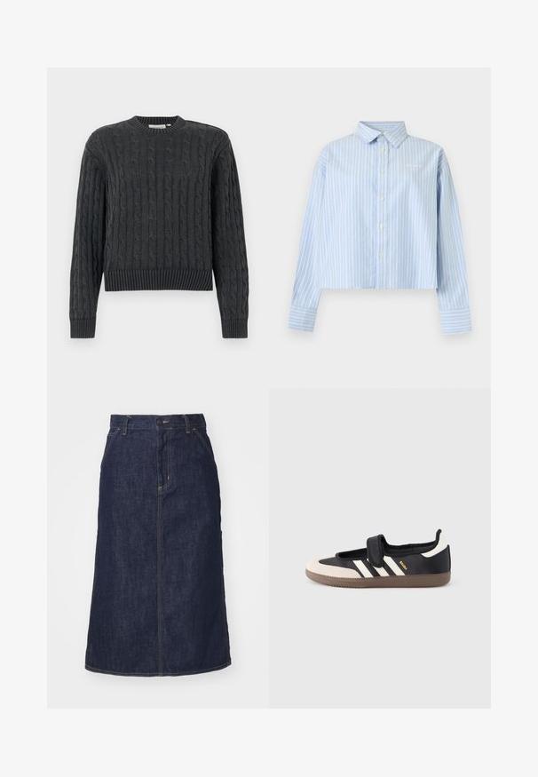 Pull en maille torsadée gris foncé avec manches longues, poignets, ourlet et col rond côtelés, présenté sur un fond uni.; Chemise bleu clair à manches longues avec des rayures verticales blanches, un col, une patte de boutonnage à l'avant et de larges poignets sur un fond uni.; Jupe en denim foncé à taille haute, coupe droite, poches avant et coutures surpiquées. Fermeture à glissière et bouton à la taille.; Baskets noires et beiges avec une bride en velcro, trois bandes blanches sur le côté, et une semelle en caoutchouc marron texturée. Logo de la marque visible.