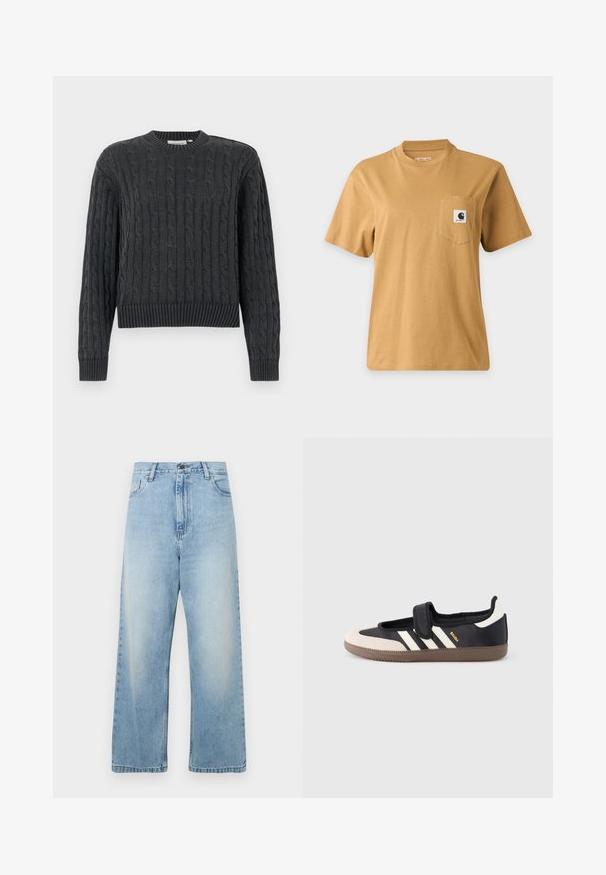 Pull en maille torsadée gris foncé avec manches longues, poignets, ourlet et col rond côtelés, présenté sur un fond uni.; T-shirt marron uni à manches courtes avec une poche poitrine présentant un patch carré avec le logo de la marque, affiché sur un fond clair uni.; Jean large bleu clair en denim. Il présente une taille haute, une poche standard et une finition délavée. Coupe droite avec ourlets nets.; Baskets noires et beiges avec une bride en velcro, trois bandes blanches sur le côté, et une semelle en caoutchouc marron texturée. Logo de la marque visible.