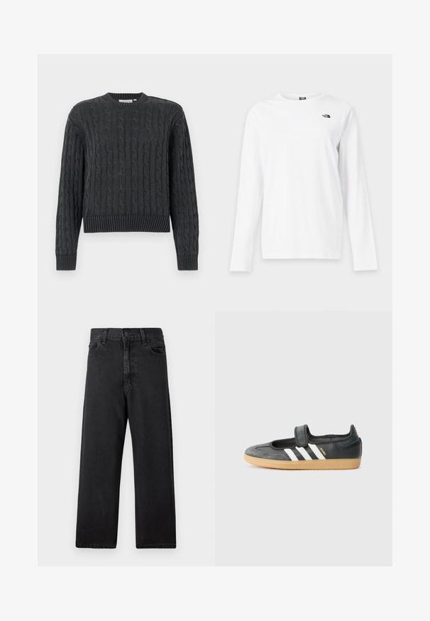 Pull en maille torsadée gris foncé avec manches longues, poignets, ourlet et col rond côtelés, présenté sur un fond uni.; T-shirt blanc à manches longues avec col rond et petit logo noir The North Face sur le côté gauche de la poitrine.; Jean en denim noir avec une taille haute, coupe droite, conception à cinq poches et fermeture classique à boutons sur le devant. Tissu doux et texturé.; Sneaker en cuir noir et suède avec une sangle Velcro, arborant trois bandes blanches et une semelle en caoutchouc, étiqueté "SAMBA" sur le côté.