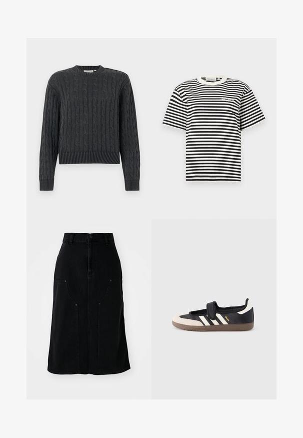 Pull en maille torsadée gris foncé avec manches longues, poignets, ourlet et col rond côtelés, présenté sur un fond uni.; T-shirt à manches courtes à rayures horizontales noires et blanches avec un col rond blanc et un petit logo sur la poitrine.; Jupe en denim noir à coupe droite, avec poches avant et fermeture à bouton à la taille. Présente des coutures visibles et un tissu texturé.; Baskets noires et beiges avec une bride en velcro, trois bandes blanches sur le côté, et une semelle en caoutchouc marron texturée. Logo de la marque visible.