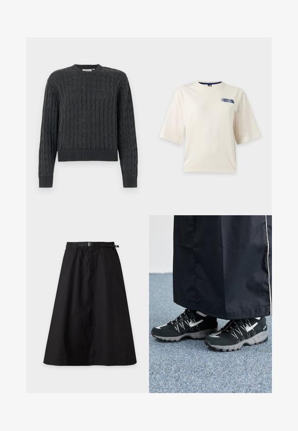 Pull en maille torsadée gris foncé avec manches longues, poignets, ourlet et col rond côtelés, présenté sur un fond uni.; T-shirt blanc à manches courtes avec un petit logo bleu The North Face sur la partie supérieure gauche de la poitrine.; Jupe noire en ligne A avec ceinture intégrée et boucle, avec une petite étiquette logo sur le côté droit de la ceinture.; Des chaussures de sport noires avec un dessus texturé, des accents argentés et une semelle extérieure à motifs, associées à un long vêtement noir. Présentées sur un tapis bleu.