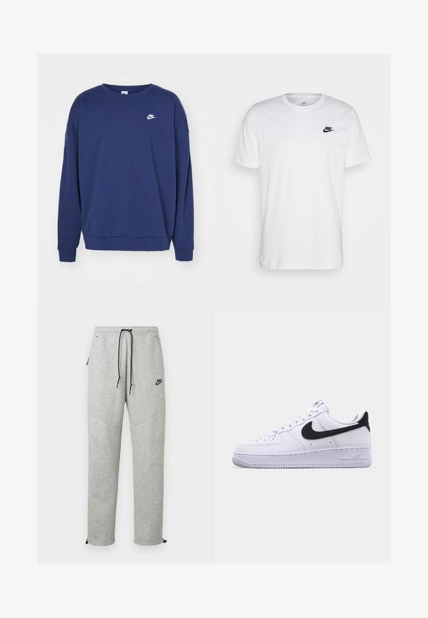 Tumed sinise värvi dressipluus pehmest kangast, millel on ümmargune kaelus, pikad varrukad ja väike valge Nike logo rinnal.; Valge puuvillane T-särk, millel on ringkaelus, lühikesed varrukad ja must Nike logo vasakul rinnal. Lihtne, ühtlane värvi disain.; Hallid Nike spordipüksid, millel on nööriga vöökoht, küljetaskud ja elastsed mansetid. Omab siledat tekstuuri ja kontrastset musta logo detaili.; Valge nahast toss musta tekstuuriga Swooshiga, lamedate nööridega ja kummist tallaga, millel on sooneline muster. "AIR" on reljeefne kandadel.