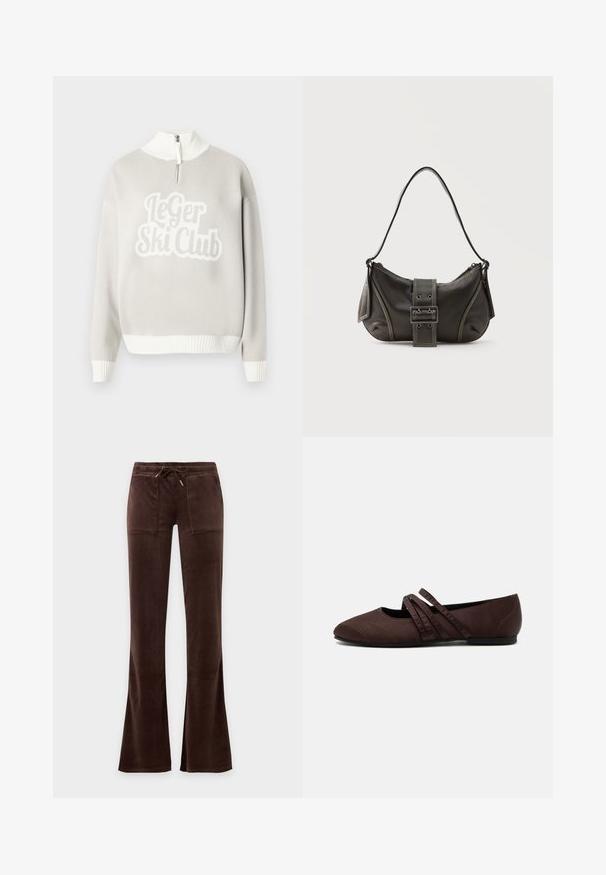Pull gris clair avec ourlet et col côtelés blancs, présentant un design texturé proéminent "Le Ger Ski Club" sur le devant. Fermeture éclair à moitié ouverte.; Pantalon en velours marron foncé avec taille à cordon, deux poches plaquées à l'avant et jambes légèrement évasées sur fond uni.; Chaussure plate marron avec un bout pointu et deux fines brides croisées sur le cou-de-pied, détails de couture visibles et petit talon.; Sac à épaule en cuir noir avec une sangle à boucle, des bords arrondis et des coutures blanches contrastées sur un fond uni.