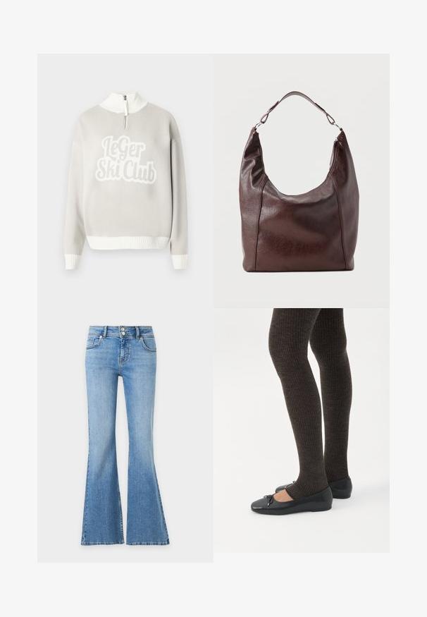 Pull gris clair avec ourlet et col côtelés blancs, présentant un design texturé proéminent "Le Ger Ski Club" sur le devant. Fermeture éclair à moitié ouverte.; Jean en denim bleu clair avec jambes évasées, deux poches devant et derrière, et une fermeture taille double bouton.; Jambes portant des leggings côtelés foncés associés à des ballerines noires avec de petits détails en nœud sur fond blanc.; Sac à bandoulière en cuir marron foncé avec une seule sangle réglable, un dessus légèrement incurvé et une fermeture éclair sur un côté.
