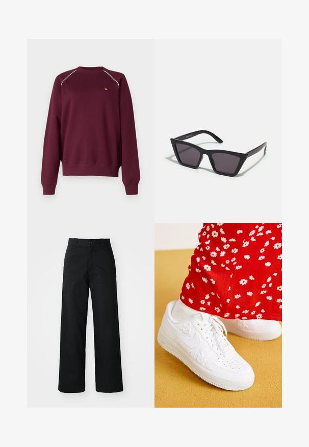 Bordeaux sweatshirt lavet af blødt stof, med hvid piping langs skuldrene og et lille broderet logo på brystet. Regular fit.; Sorte vide bukser med flad front, knaplukning og bæltestropper. Fremstillet af holdbart stof med en glat tekstur.; Hvide lædersneakers med blomsterprægede detaljer, rund tå og en tekstureret gummisål. Parret med røde bukser med hvidt blomsterprint.; Sorte, kantede solbriller med grå linser; lavet af plast, med tykke stænger med en glat overflade og ingen synlig hardware.
