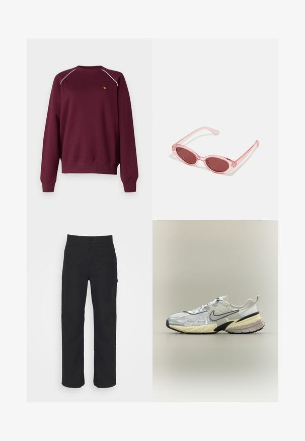 Bordeaux sweatshirt lavet af blødt stof, med hvid piping langs skuldrene og et lille broderet logo på brystet. Regular fit.; Sorte bomuldsbukser med lige pasform, knaplukning og bæltestropper. Har et klassisk design uden synlige lommer.; Hvid og grå Nike-sneaker med mesh-overdel, sort swoosh, beige mellemsål og sort ydersål på en lys baggrund.; Lyserøde transparente solbriller med ovale linser, mørkerød toning og slanke stænger, der har en glat overflade og diskret detaljering på rammen.
