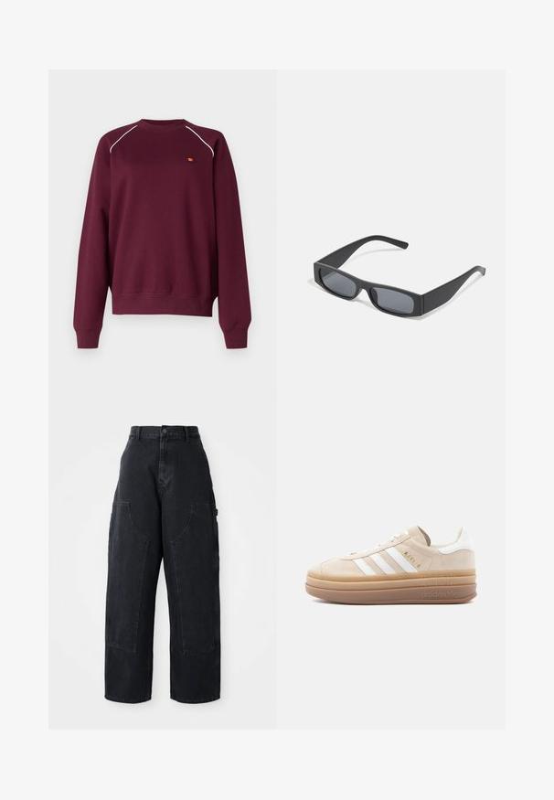 Bordeaux sweatshirt lavet af blødt stof, med hvid piping langs skuldrene og et lille broderet logo på brystet. Regular fit.; Sorte denim cargo bukser med vidde og høj talje, to store forlommer og knaplukning i taljen. Glat tekstur, casual design.; Beige ruskindsneaker med hvide læderdetaljer, der har tre hvide striber, et gyldent logo og en tyk, gennemsigtig gummisål.; Sorte rektangulære solbriller med mørke linser og tykke matte stel. Armen er let tilspidset med en glat overflade.