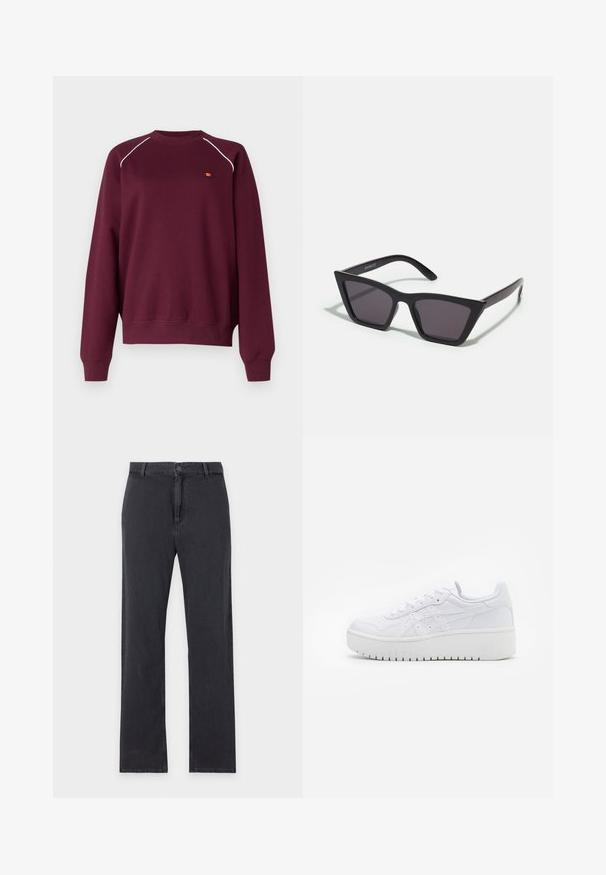Bordeaux sweatshirt lavet af blødt stof, med hvid piping langs skuldrene og et lille broderet logo på brystet. Regular fit.; Straight-leg sorte jeans med forreste knap- og lynlåslukning, bæltestropper og klassisk fem-lommer design, lagt fladt på hvid baggrund.; Hvide platform sneakers med en glat læderoverflade, perforerede detaljer og flade snørebånd; har en tyk hvid gummisål.; Sorte, kantede solbriller med grå linser; lavet af plast, med tykke stænger med en glat overflade og ingen synlig hardware.