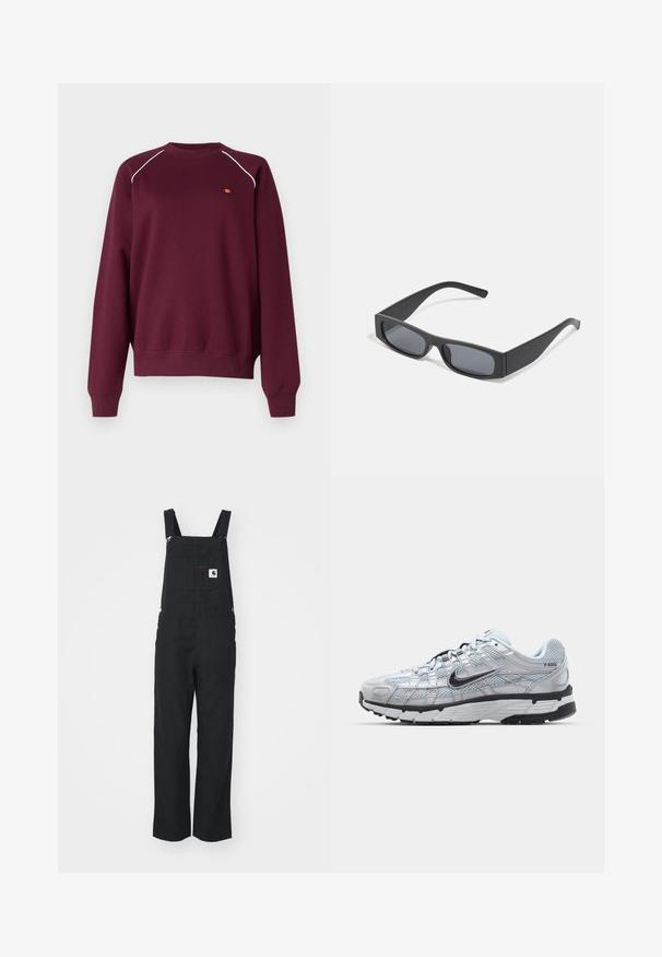 Bordeaux sweatshirt lavet af blødt stof, med hvid piping langs skuldrene og et lille broderet logo på brystet. Regular fit.; Sorte stofbukser med justerbare skulderstropper, frontlomme og sideknapper. Lige ben-design, glat tekstur, minimalistisk stil.; Nike P-6000 sneakers med en lys grå mesh overdel, sorte accenter og en holdbar sort gummisål. Har et detaljeret design og snøresystem.; Sorte rektangulære solbriller med mørke linser og tykke matte stel. Armen er let tilspidset med en glat overflade.