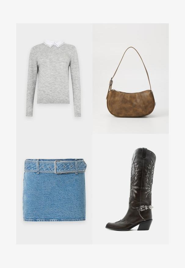 Grå sweater med lange ærmer, der har en hvid krave udsmykket med dekorative nitter. Lavet af et blødt, tekstureret stof.; Abercrombie & Fitch CLASSIC BELTED SCARLETTE MINI SKORT - Denimnederdele - blue denim; Sort læder cowboystøvle med dekorative udskæringer, sølvspænde og skrå hæl, vist på hvid baggrund.; Brun faux læder skuldertaske med en buet form, en enkelt strop, kontrasterende syninger og en lynlåslukning langs den øverste kant.