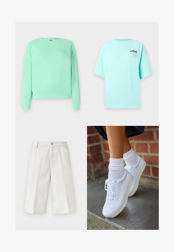 Mintgrøn sweatshirt, rund hals, lange ærmer, ribbede manchetter, blødt stof, med et diskret broderet design på brystet.; Lyseblå T-shirt med korte ærmer, med teksten "Aloha", en bølgedesign og en lille hvid blomst på venstre bryst.; Lyse beige knælange shorts med diskrete lodrette nålestriber, bæltestropper, forreste knap og lynlås.; Hvide lærreds sneakers med gummisåler, der har seks snørehuller, rund tå og let sømdetaljer, krydret med hvide ankelstrømper.
