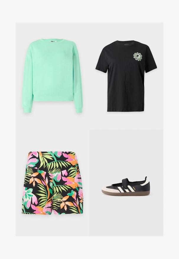 Mintgrøn sweatshirt, rund hals, lange ærmer, ribbede manchetter, blødt stof, med et diskret broderet design på brystet.; Sort T-shirt med korte ærmer med et lille lysegrønt yin-yang symbol omgivet af et hvirvelmønster på øverste venstre bryst.; Sorte shorts med livlige tropiske blade- og blomsterprint i grønne, pink, orange og lyse lilla farver.; Sort og beige sko med velcrolukning, tre hvide striber på siden og en tekstureret brun gummisål. Mærkelogo er synligt.