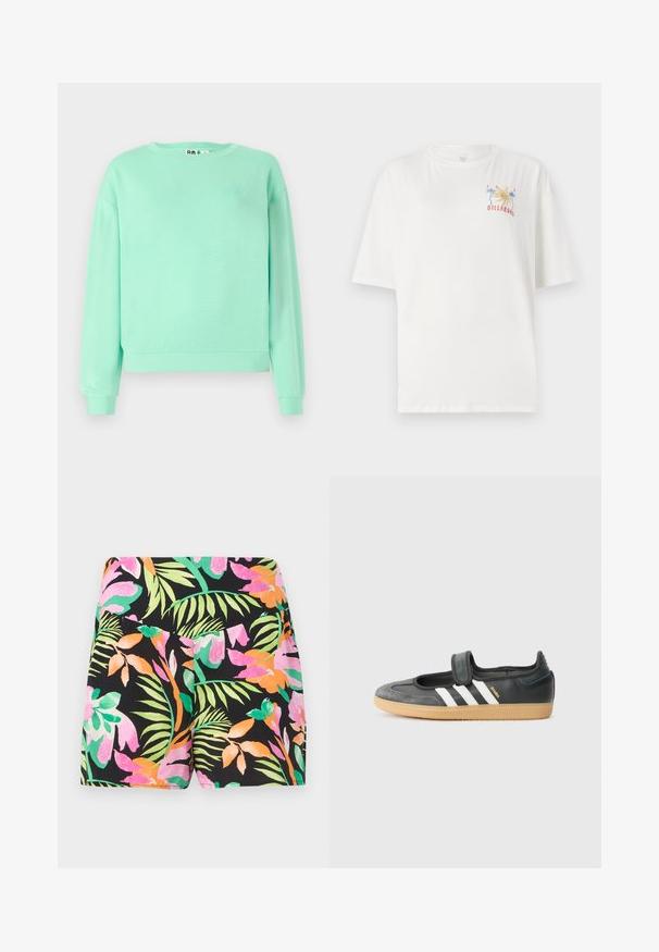 Sweatshirt vert menthe, col rond, manches longues, poignets côtelés, tissu doux, arborant un motif brodé discret sur la poitrine.; T-shirt en coton blanc à coupe décontractée, avec un logo coloré de Billabong représentant des palmiers et l'année "1973" brodé sur la poitrine gauche.; Shorts noirs avec des motifs tropicaux vibrants de feuilles et de fleurs en vert, rose, orange et violet clair.; Sneaker en cuir noir et suède avec une sangle Velcro, arborant trois bandes blanches et une semelle en caoutchouc, étiqueté "SAMBA" sur le côté.
