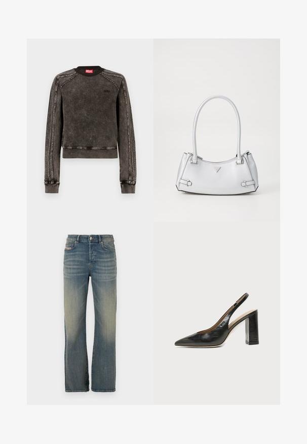Sweat-shirt en denim noir avec finition délavée, encolure ronde, poignets côtelés et bandes latérales. Présente un logo discret sur la poitrine.; Jean en denim bleu clair avec une coupe droite. Doté d'une fermeture à bouton, de poches avant et d'un léger délavage au niveau des cuisses.; Chaussure slingback en cuir noir à bout pointu avec un talon bloc haut et une doublure intérieure beige sur un fond clair uni.; Sac à main argenté avec un design structuré, doté de deux poignées, d'une texture brillante, de quincaillerie accentuée et d'un logo triangulaire sur le devant.