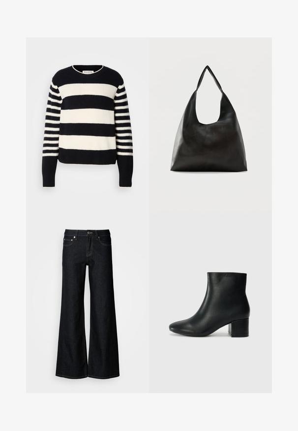 Pull rayé bleu marine et crème avec un col rond, présentant un motif horizontal épais et de fines rayures verticales sur les manches.; Jean en denim foncé à jambes larges avec une taille haute, un design à cinq poches et une couture contrastée jaune le long des coutures.; Bottines en cuir noir avec un bout pointu et un talon épais. Texture lisse avec des accents minimalistes et un design élégant et ajusté.; Sac bandoulière en cuir noir lisse avec une large sangle unique et un design décontracté et minimaliste sur un fond uni.