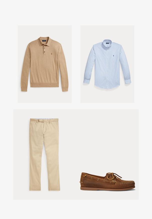 Polo à manches longues en tissu doux. Dispose d'une patte de boutonnage à trois boutons et d'un petit logo brodé sur le côté gauche de la poitrine.; Chemise à manches longues bleu clair avec des rayures blanches verticales, un col boutonné et un petit logo sur la poche poitrine gauche.; Pantalon beige à jambes droites avec passants de ceinture et braguette zippée à l'avant, posé à plat sur un fond blanc.; Chaussure bateau en cuir marron avec couture mocassin, détail du lacet passant dans des œillets métalliques, et semelle plate en caoutchouc vue de profil.