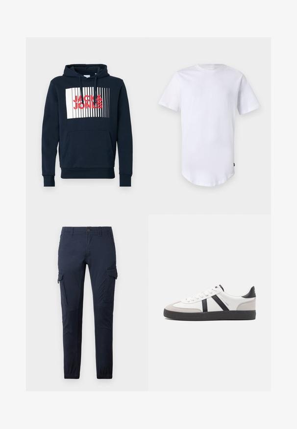 Navy katoenen hoodie met een voorzak in kangoeroestijl, een capuchon met trekkoord en een witte rechthoekige afbeelding met bold rode tekst "JACK & JONES."; Witte katoenen t-shirt met korte mouwen. Rond de hals ontwerp met een gebogen zoom. Label zichtbaar aan de onderste linkerzijde. Gladde textuur.; Marine cargo shorts gemaakt van duurzame stof, met meerdere zakken, een tailleband met een knoop en elastische boorden bij de enkels.; Witte sneaker met zwarte en grijze accenten, voorzien van een grijze neus met textuur, zwarte rubberen zool en platte witte veters. Schoon ontwerp, minimalistische stijl.