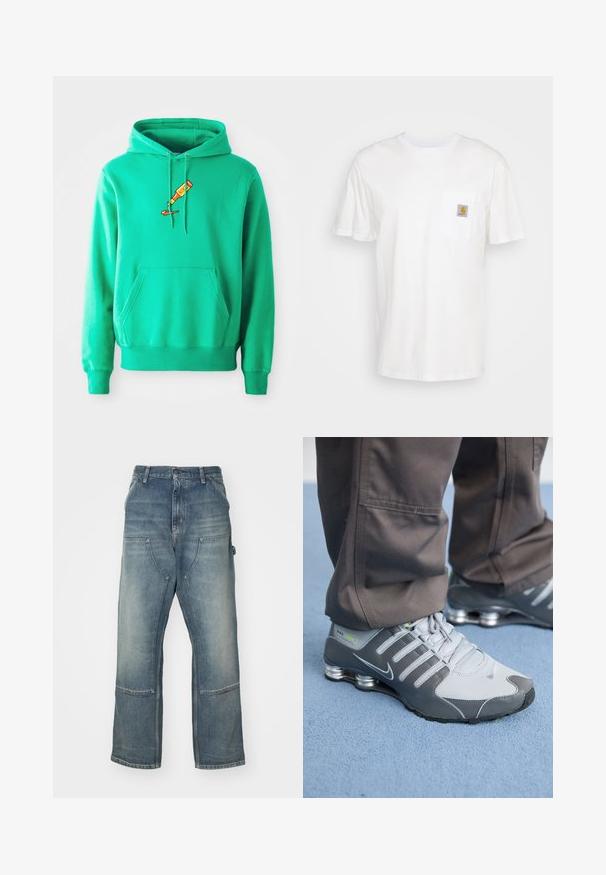 Sudadera verde de tejido suave, que presenta un bolsillo canguro en el frente y un logo de un tubo de pintura goteando en el pecho.; Camiseta de algodón blanca con mangas cortas, un bolsillo en el pecho y un pequeño parche cuadrado de logo en naranja y blanco en el bolsillo.; Vaqueros de mezclilla de color azul claro con un corte relajado. Presentan piernas anchas, grandes bolsillos frontales y detalles de costura en contraste.; Las zapatillas Nike Shox en gris y plata tienen un diseño elegante, con materiales de malla y sintéticos, punta redondeada y un collar acolchado.