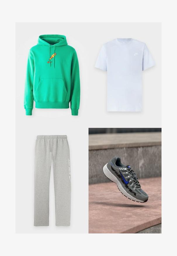 Grüne Kapuzenjacke aus weichem Stoff, mit einer Kängurutasche vorne und einem Logo einer FarbTube, die auf der Brust tropft.; Hellblaue Baumwoll-T-Shirt mit kurzen Ärmeln, Rundhalsausschnitt und einem weißen Nike-Logo, das auf der linken Brust gedruckt ist. Glatte Textur, schlichtes Design.; Graue Jogginghose aus weichem Material mit elastischem Bund. Auf einem Bein befinden sich der weiße Schriftzug "JUST DO IT" und das Nike-Swoosh-Logo.; Grauer und schwarzer Nike-Laufschuh mit blauem Swoosh und weißer Sohle, der über einer Steinoberfläche schwebt.