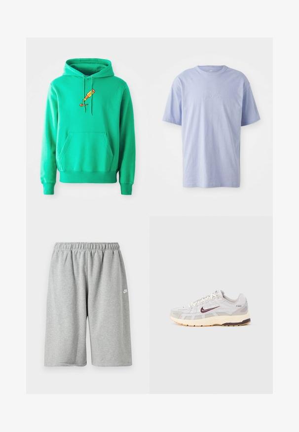 Sweat à capuche vert en tissu doux, doté d'une poche kangourou à l'avant et d'un logo de tube de peinture qui goutte sur la poitrine.; T-shirt en coton bleu clair avec un col rond et des manches courtes. Présente un logo "nike" en relief au centre devant. Texture douce.; Shorts en coton gris avec une taille élastique, offrant une coupe ample et un petit logo blanc près de l'ourlet. Texture lisse, longueur au-dessus du genou.; Chaussure de course pour homme en gris clair et crème avec une tige en mesh respirant, un logo Nike swoosh rouge foncé, un col rembourré et une semelle texturée.