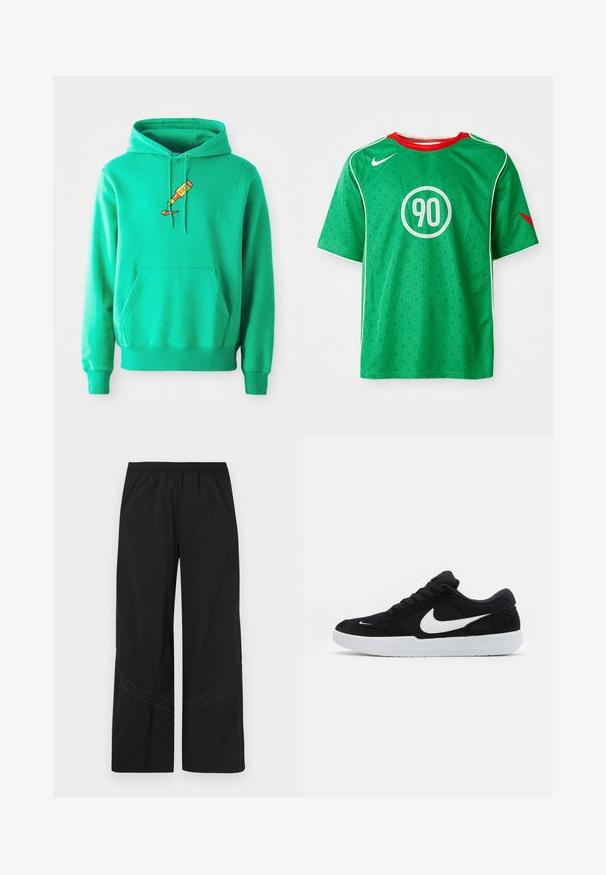 Zelená mikina vyrobená z mäkkého materiálu, s predným kengurím vreckom a logom rozliatej farby v tubi na hrudi.; Zelené športové tričko Nike s krátkymi rukávmi, bielymi akcentmi, vzorom s bodkami a kruhovým bielym logom "90" v strede. Červený golier.; Čierne nohavice s širokými nohavicami z ľahkej látky s elastickým pásom a jemným zaobleným šitím na leme.; Čierne semišové tenisky s bielymi akcentmi, so zaoblenou špičkou, hrubou bielou podrážkou a čiernymi šnúrkami. Výrazné biele logo Nike na boku.