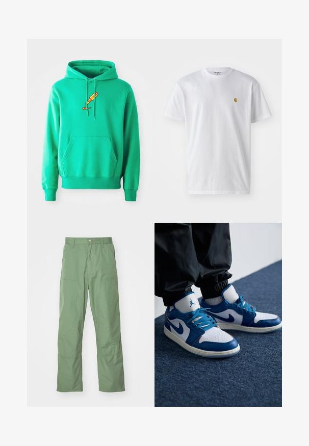 Grüne Kapuzenjacke aus weichem Stoff, mit einer Kängurutasche vorne und einem Logo einer FarbTube, die auf der Brust tropft.; Weißes Baumwoll-T-Shirt mit kurzen Ärmeln, Rundhalsausschnitt, mit einem kleinen goldenen Logo im linken Brustbereich. Weicher Stoff und normale Passform.; Hellgrüne, lässige Hose mit glatter Textur, ausgestattet mit Seitentaschen und sichtbaren Nähten. Vollständig lang mit geradem Bein.; Die Nike Air Jordan Sneakers verfügen über eine weiße Lederbasis mit blauen synthetischen Akzenten, einer perforierten Zehenbox und blauen Schnürsenkeln.