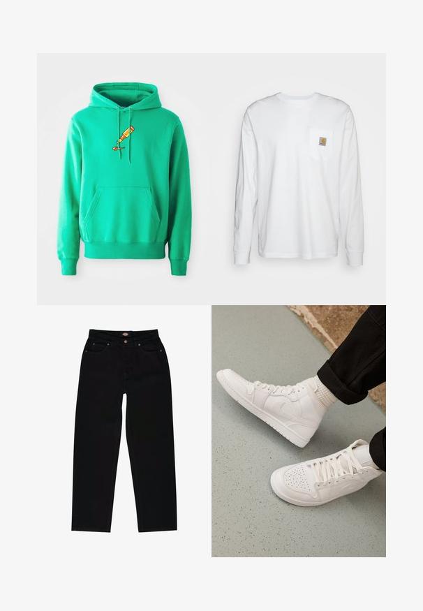 Sweat à capuche vert en tissu doux, doté d'une poche kangourou à l'avant et d'un logo de tube de peinture qui goutte sur la poitrine.; Chemise blanche à manches longues en coton, dotée d'une poche poitrine avec un patch logo carré. Design simple avec un col arrondi et des manches à poignets.; Jean en denim noir avec une coupe droite, présentant cinq poches, des coutures marron et une fermeture éclair. Texture lisse et matériau durable.; Baskets montantes blanches en cuir lisse avec un bout perforé, fermeture à lacets et un discret logo sur le côté. Semelle en caoutchouc texturé.