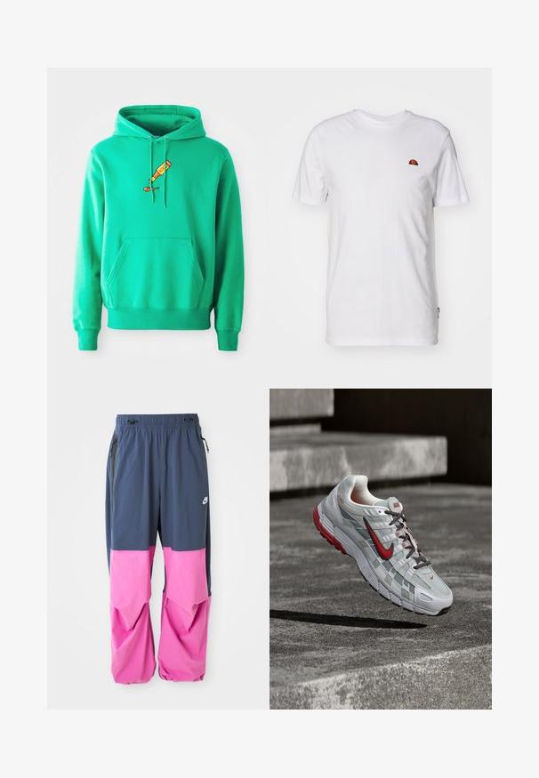 Grüne Kapuzenjacke aus weichem Stoff, mit einer Kängurutasche vorne und einem Logo einer FarbTube, die auf der Brust tropft.; Schlichtes weißes kurzärmeliges T-Shirt mit kleinem rot-orangefarbenem Halbkreis-Logo im oberen linken Brustbereich.; Blaue und rosa Nike Jogginghosen mit elastischem Bund, mit Reißverschluss versehenen Seitentaschen und weißem Logo am rechten Oberschenkel.; Weißer und grauer Nike-Laufschuh mit roten Akzenten und schwarzen Schnürsenkeln, schwebend über grauen Betonstufen.